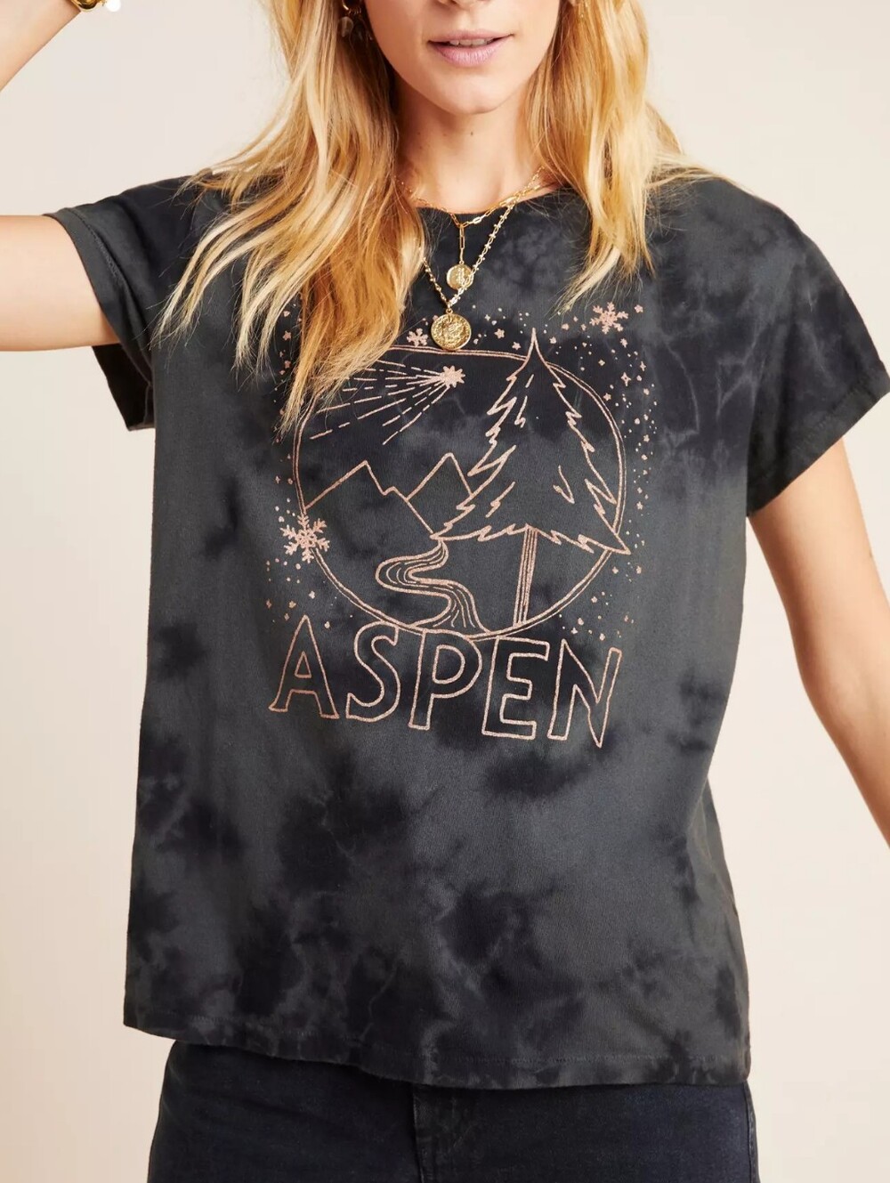 Anthropologie Grey Tie-Dye Aspen 100% Cotton Short Sleeve Graphic Tee SM